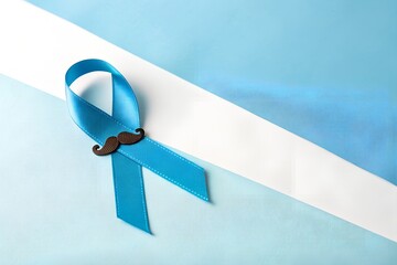 A bright blue awareness ribbon with a small mustache charm attached symbolizing men s health awareness and prostate cancer support set against a clean modern background with subtle glitter
