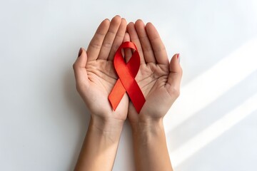 A pair of open hands gently holding a red ribbon symbolizing awareness and support for aids research and prevention presented on a clean white background with soft light