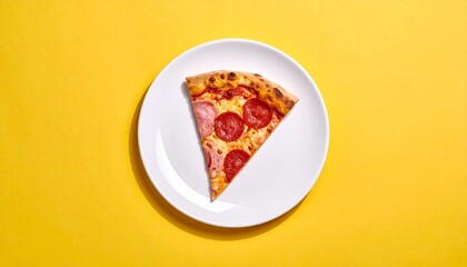 A single slice of pepperoni pizza sits on a pristine white plate, offering a tempting visual delight against a vibrant yellow backdrop, perfect for food enthusiasts.