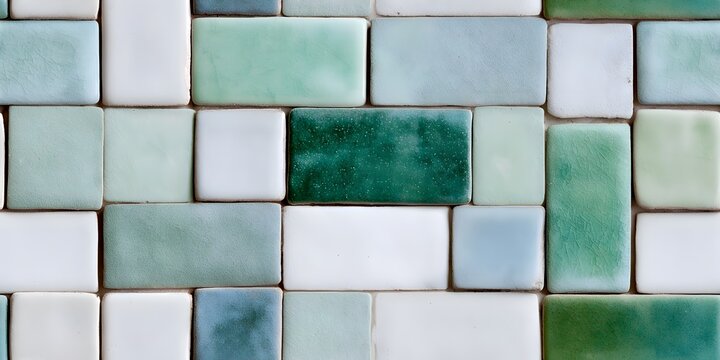 ceramic tile mosaic with a pale green and white color palette, featuring rectangular tiles in various sizes. this pattern is suitable for creating an elegant bathroom or kitchen wall design