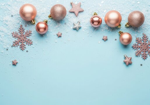 Festive rose gold christmas ornaments and glittering snowflakes scattered on a soft blue background