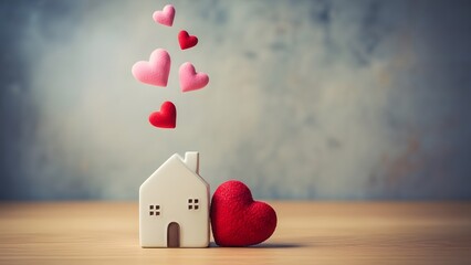 Home is where the heart is miniature house with floating hearts