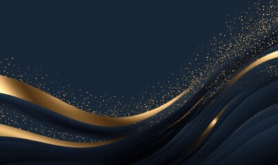 A mesmerizing wave of blue and gold particles flowing against a dark background, creating a sense of motion and elegance.