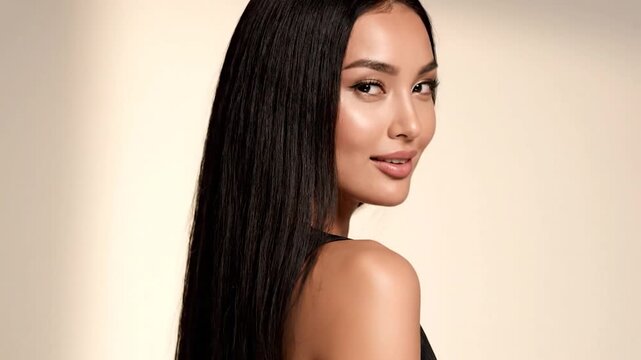 Woman with long black hair glances over her shoulder