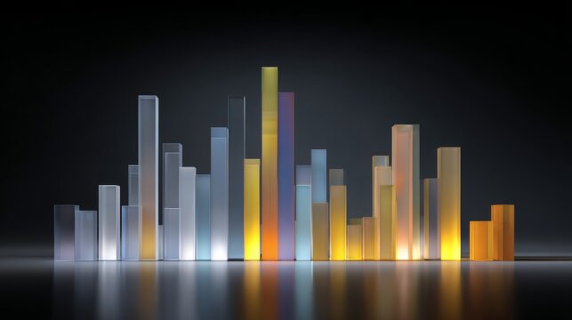 Abstract representation of colorful glass bars displaying a sound level or data chart on a reflective surface with a dark background enhancing symmetry