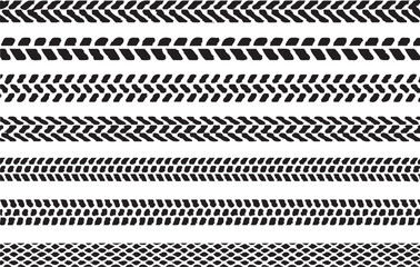 Collection of various black and white tyre tread patterns and tracks
