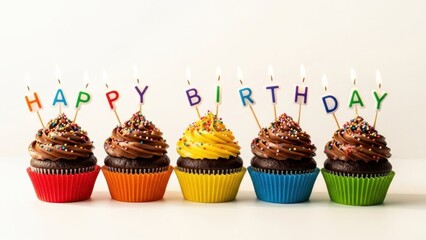 Colorful Birthday Cupcakes with Candles Spelling "Happy Birthday" on White Background