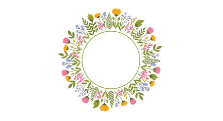 A delicate and colorful circular floral wreath featuring various blooming flowers and green leaves, ideal for spring and summer designs.