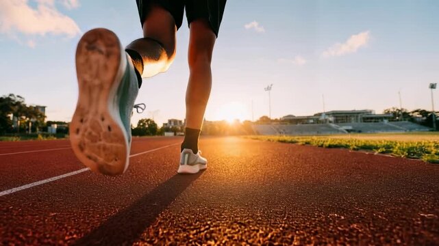 Male sprinter launches from starting blocks on track at golden sunrise with powerful legs driving forward symbolizing motivation new beginnings and ambitious athletic goals