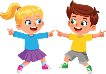 Two cartoon children pointing fingers at each other with happy expressions girl
