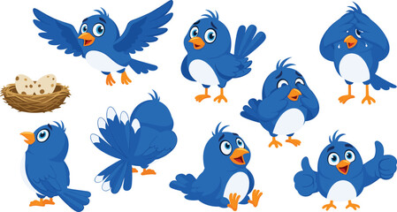 Collection of cartoon blue birds with various expressions and actions cartoon bird