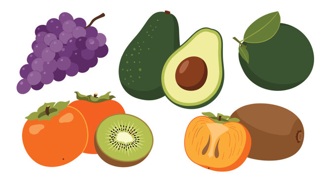 Assortment of fresh and nutritious fruits featuring purple grapes, ripe avocados, juicy persimmons, and green kiwis.