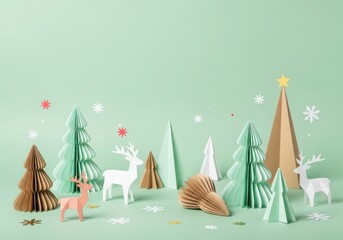 Whimsical paper forest scene with deer and snowflakes on a soft green background