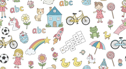 Seamless pattern with hand drawn cute toys, animals, flowers and other elements isolated on white background perfect for kids textile, wallpaper, wrapping paper