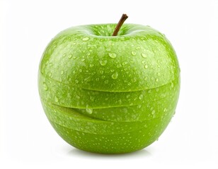 A juicy sliced green apple with glistening water droplets sits on a table, creating a delightful blend of freshness and simplicity. 