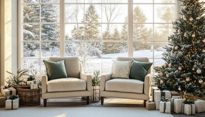 Cozy interior seating arrangement faces large window overlooking a bright winter landscape with holiday decorations