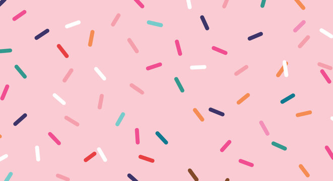 A delightful pink background adorned with a playful scattering of colorful sprinkles, creating a cheerful and whimsical pattern that evokes a sense of fun and joy
