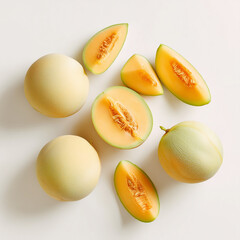 AI-generated image - Fresh whole and sliced cantaloupe melons with vibrant orange flesh and seeds on a white background, captured in a flat lay composition.