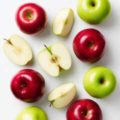 AI-generated image - A vibrant mix of fresh red and green apples, presented whole and sliced, in a clean flat lay composition on a white background. 