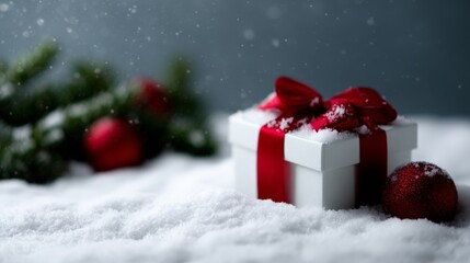 a festive winter scene featuring a white gift box wrapped in a red ribbon