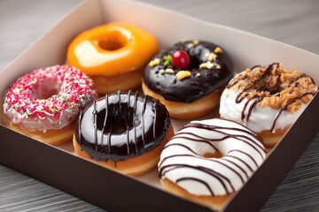Assorted sweet donuts in a paper box with vibrant toppings and glazes perfect for any celebration or casual snack time