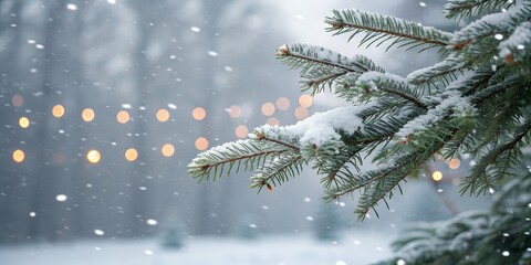 Close-up of Snowy Pine Branch with Bokeh Lights in a Winter Scene.