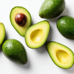 AI-generated image - A vibrant top-view flat lay of fresh, ripe avocados, including whole fruits and halves with pits visible, on a clean white background. 