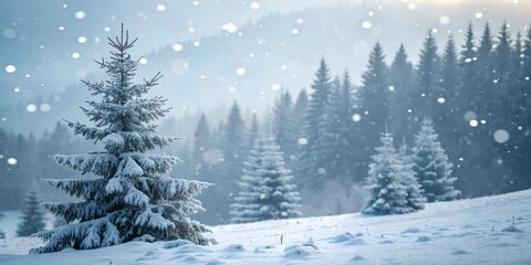 Serene Winter Landscape with Snow-Covered Fir Trees and Falling Snow.