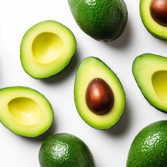 AI-generated image - A vibrant top-view flat lay of fresh, ripe avocados, including whole fruits and halves with pits visible, on a clean white background. 