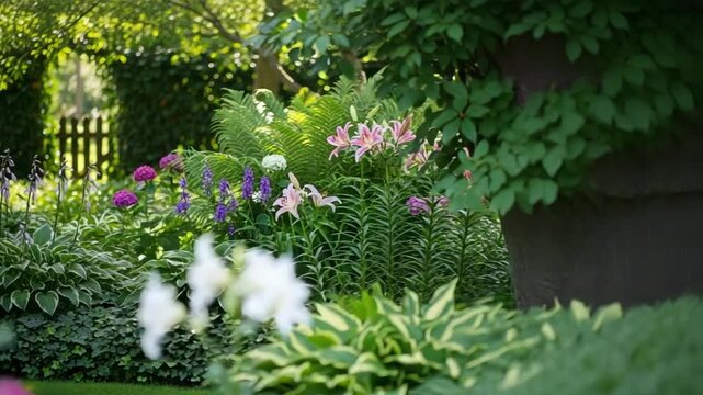 Vibrant summer garden with a rich variety of lush green foliage, blooming pink lilies, purple bellflowers, and hostas under dappled sunlight