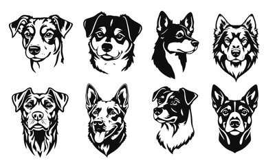 Black and white illustration of multiple stylized dog heads of different breeds. dog heads,dog silhouettes,pet portraits,canine art,breed icons