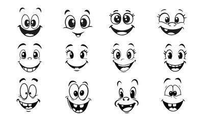 Set of funny cartoon faces with big eyes and smiles, black and white vector characters of emotions, cartoon faces, funny expressions, vector emoji, children characters