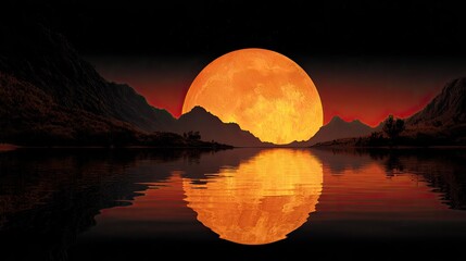Vivid orange moon glowing above tranquil mountain lake with peaceful reflections and serene nighttime landscape