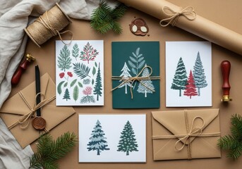 Overhead view of festive christmas cards and envelopes with pine branches and rustic wrapping paper