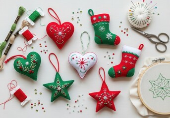 Obraz premium Handmade christmas ornaments and sewing supplies arranged on a white background for festive crafting