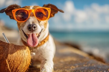 Cheerful dog enjoys a sunny day by the beach wearing orange sunglasses while relaxing beside a coconut drink