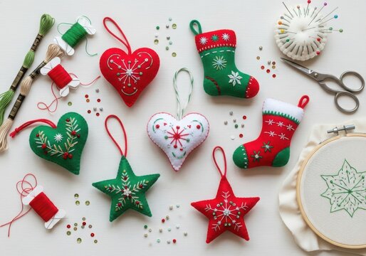 Handmade christmas ornaments and sewing supplies arranged on a white background for festive crafting - Powered by Adobe