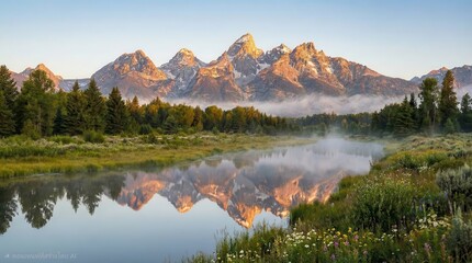Stunning mountain range reflecting in tranquil river at sunrise, perfect for adventure travel or nature photography enthusiasts looking for inspirational landscapes