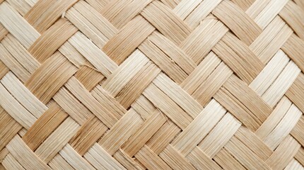 Closeup of natural beige woven bamboo texture showing detailed diagonal patterns suitable for background or rustic design elements in nature themed projects.