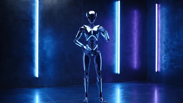 Chrome alien figure stands in blue-lit concrete room