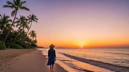 Woman in a hat gracefully walking on a pristine tropical beach at sunset, with vibrant sky and palm trees, enjoying a peaceful ocean view during vacation.
