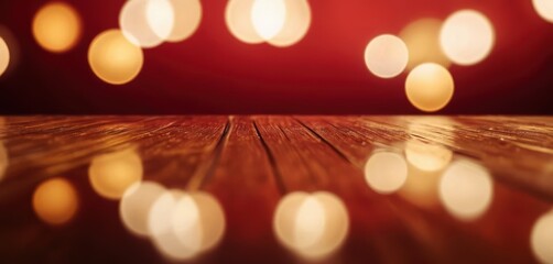 Golden warm bokeh lights softly glow above a rustic wooden table surface The background features a blurred rich red tone
