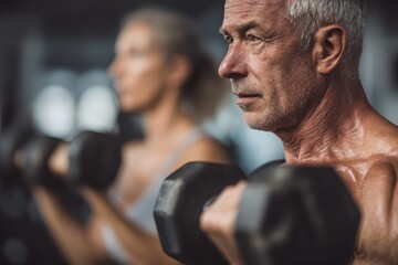 Older adults engage in strength training with dumbbells at a modern gym during the morning exercise session for improved fitness and health