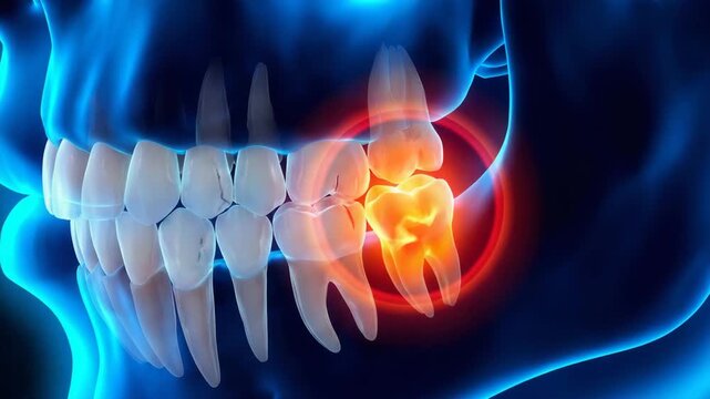 Digital 3d rendering of a human jaw showcasing a problematic wisdom tooth with a red glowing area, illustrating dental pain and oral health issues.