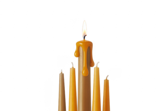 Tall beeswax candle with dripping wax surrounded by shorter candles on black background isolated on a transparent background - Powered by Adobe