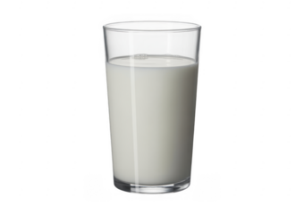 Tall clear glass filled with white milk and small bubbles on surface isolated on a transparent background