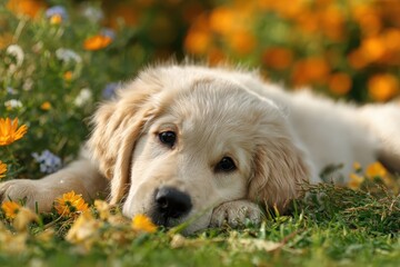 Golden retriever puppy rests on grass surrounded by colorful flowers in a serene garden setting during late spring afternoon