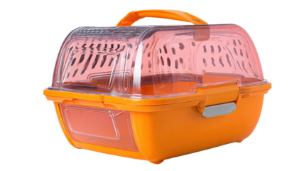 Isolated orange and black plastic construction toolbox with handle on a white background