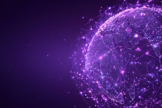 Futuristic depiction of blockchain technology showcasing a glowing ultraviolet globe interconnected by digital networks and nodes in a cosmic space