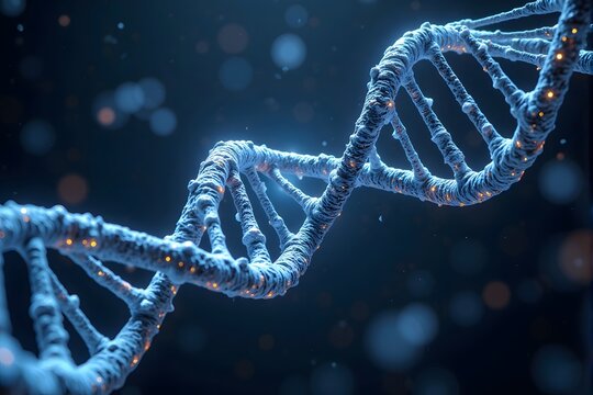 A glowing DNA double helix twists in a dark, blurred scientific background.